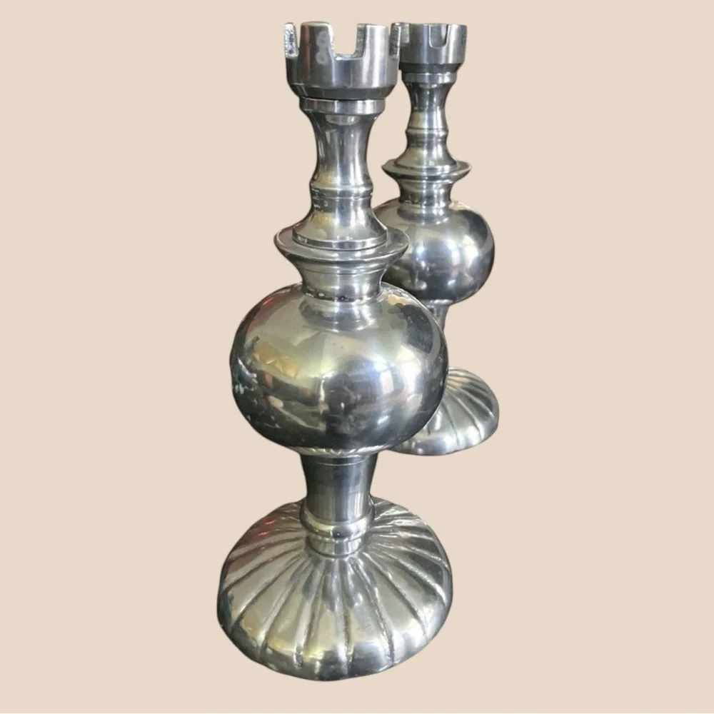 Vintage Silver Tone Metal Candlesticks Pair -Made in India- 8.25